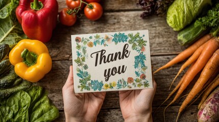 Hand Holding Thank You Card Surrounded by Fresh Vegetables