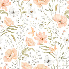 Watercolor seamless pattern with delicate poppies coral color, cosmos flowers, small white wildflowers and flying butterflies. Isolated floral illustration for textile, wallpapers or background. 