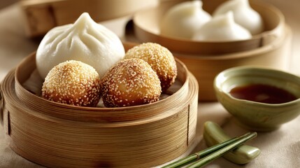 Delicious Asian Dumplings and Sesame Balls in Bamboo Steamer