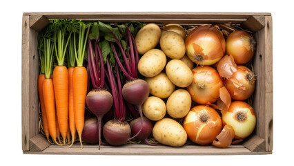 Isolated wooden crate filled with fresh harvested carrots, beets, potatoes, and onions