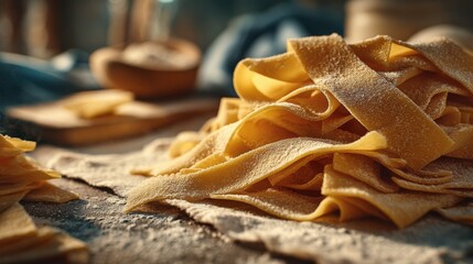 Fresh Homemade Pasta Laid Out on a Rustic Surface