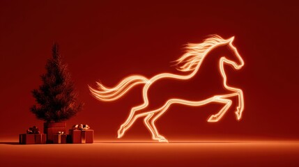 Neon Horse Silhouette Leaping Near Christmas Tree and Gifts