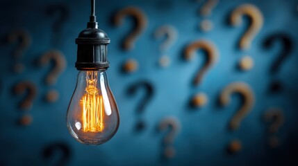 Illuminated Light Bulb Against Blue Background with Question Marks