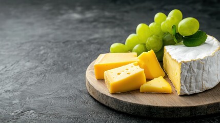 A wooden cutting board holds a wedge of white cheese and a bunch of green grapes.