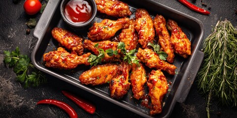 Delicious Spicy Chicken Wings with Sauce on Dark Background