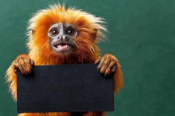 Cute baby animal golden lion tamarin hold in front paws a template - large dark black zoo sign. Commercial beast design. Isolated baby animal on a solid uniform green background.