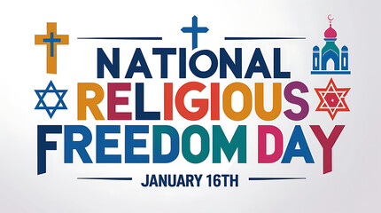colorful “National Religious Freedom Day” graphic with various religious symbols and a white background, HD and 4k image
