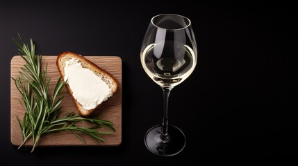 A slice of bread with butter and rosemary, accompanied by a glass of white wine.