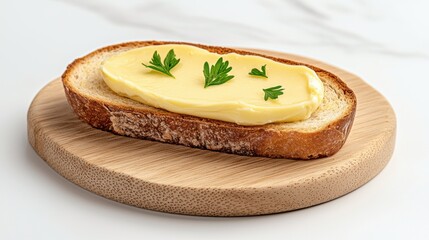 A slice of bread with butter and parsley on a wooden plate.