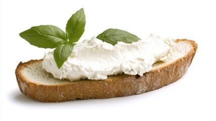 A slice of bread topped with white cream cheese and fresh basil leaves.