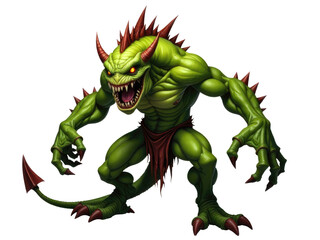 Fototapeta premium A creature with green skin and red spikes on its head, featuring sharp teeth.transparent background