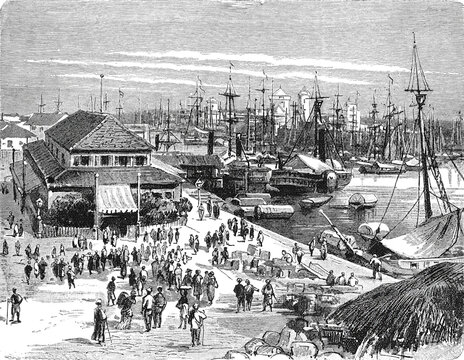 The Spanish colonial customs house at Manila port, showing officials inspecting cargo and managing maritime trade activities in the bustling Philippine harbor, old vintage illustration, 1899