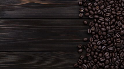 A pile of dark brown coffee beans on a dark brown wooden surface.