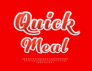 Vector Stylish Advertisement Quick Meal. Beautiful Handwritten Font. Fashion Red Alphabet Letters and Numbers set.