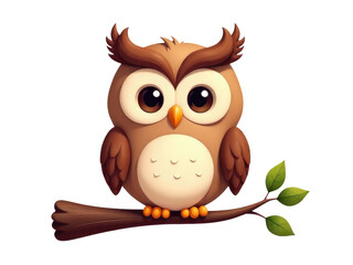 A cartoon owl sitting peacefully on a branch of a tree.transparent background