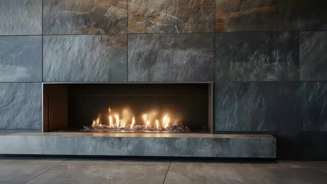 Modern recessed fireplace in slate tile wall space