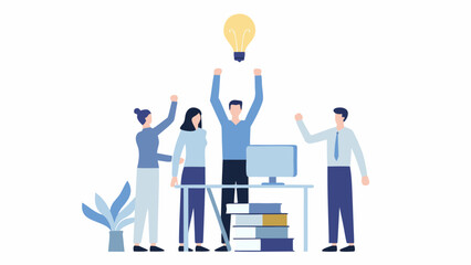 Team celebrating business idea with lightbulb moment at office desk