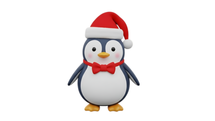 Cute penguin wearing santa hat and red bow tie