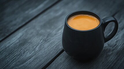 A black mug filled with a light orange liquid sits on a dark wooden table.