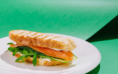 A colorful grilled salmon sandwich is presented on a white plate. The sandwich features fresh arugula and cucumber layered between toasted bread, set against a vibrant green backdrop.