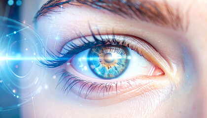 Fototapeta premium Vision of the Future: An extreme close-up of a human eye, emanating a vibrant and luminous blue beam of light. Exploring themes of technology, perception, and the captivating beauty of the human form.