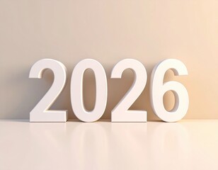 Clean white 3D numbers 2026 standing on a reflective surface with soft lighting