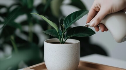 A hand pours water onto a plant in a white pot.