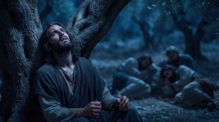 Fototapeta premium Biblical scene of Jesus praying in the Garden of Gethsemane while disciples sleep in the background. The Messiah looks to heaven in agony with blood and sweat on his face before his arrest.