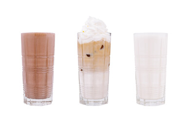 Three refreshing beverages displayed in clear glasses on white background