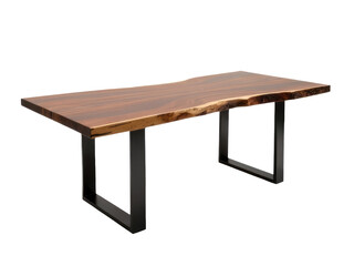 A simple wooden table with four black metal legs, suitable for various settings and uses.transparent background
