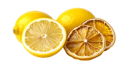 Fresh Lemon and Dried Lemon Slices on White Background