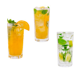 Refreshing summer beverages served in glasses with garnishes and ice