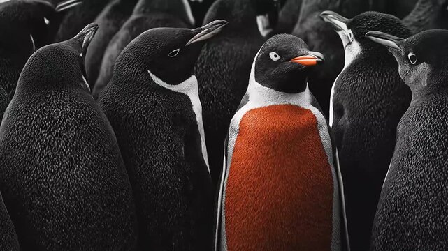 Crowded penguin colony single orange-breasted bird