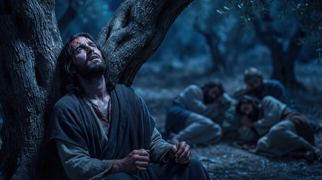 Biblical scene of Jesus praying in the Garden of Gethsemane while disciples sleep in the background. The Messiah looks to heaven in agony with blood and sweat on his face before his arrest.