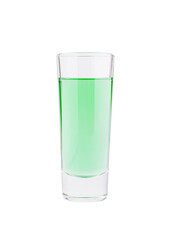 Bright green drink in a clear glass on a white background