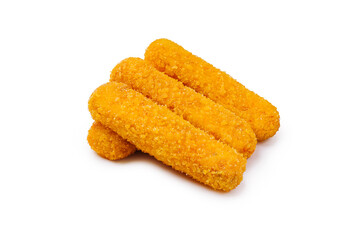 Delicious golden cheese sticks served on a plain background