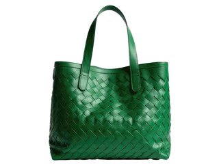 A green tote bag sits on a clean white surface.transparent background