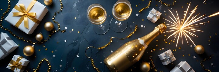 New Year's Eve celebration with champagne, sparkling fireworks, gifts, and golden confetti on a dark background, a toast to the future.