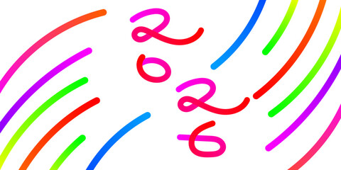 Colorful handwritten 2026 with vibrant arcs symbolizing a festive and energetic new year