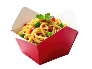 Freshly prepared noodle dish with mixed vegetables in a bright red container.transparent background