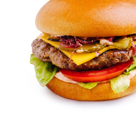 Fresh hamburger with lettuce, tomato, and cheddar on a white background