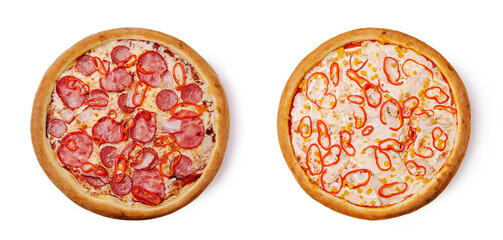 Two varieties of pizza featuring different toppings and crust styles