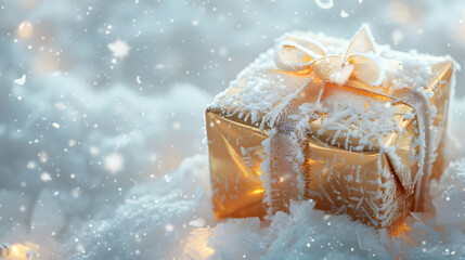 Golden gift box covered with snow during snowfall. Festive winter holiday background for Christmas and New Year with copy space.