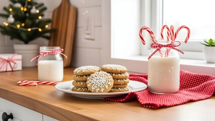 Christmas Milk and Cookies for Santa Claus on a Kitchen Counter with Festive Decorations and Winter Morning Light.