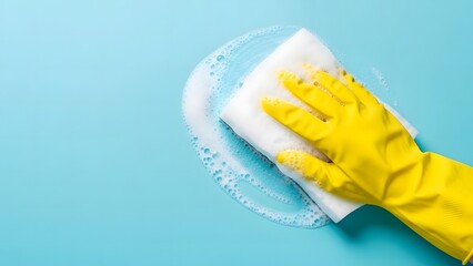 Hand in yellow rubber glove cleaning a blue surface with white sponge and soap bubbles, top view, hygiene concept.