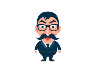 Man with a distinctive mustache standing in a formal pose, wearing glasses and a suit, depicted in a simple illustration style.