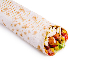 Tasty burrito filled with beans, rice, and fresh vegetables ready to enjoy