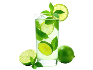 Freshly squeezed lemonade served in a glass with a slice of lime and sprigs of mint.transparent background