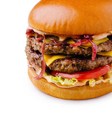 Delicious double cheeseburger with fresh toppings and sauces