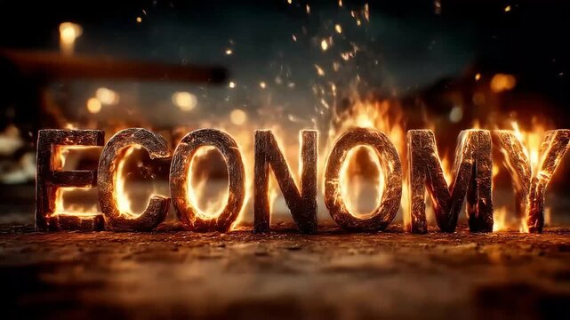 Fiery metallic letters spelling ECONOMY, glowing!!